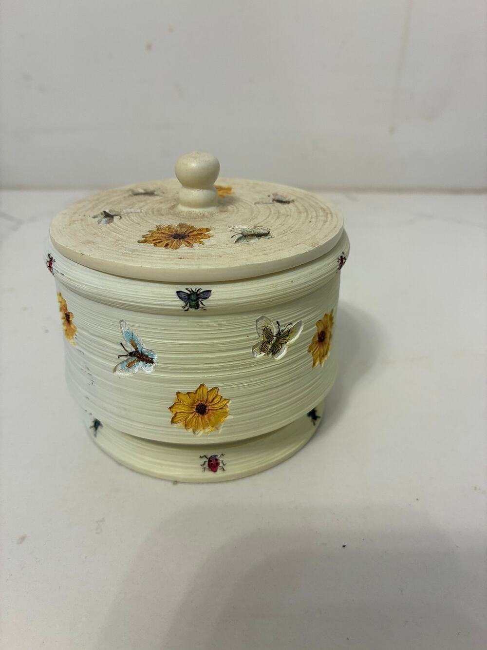 Trinket Box Butterflies Daisies Stoneware Lid Cottage Fairy